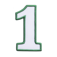 A white fabric patch in shape of number one is outlined with green stitching, creating bold and striking appearance. This patch is ideal for clothing or accessories png