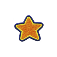 An embroidered orange star patch with blue border, perfect for adding playful touch to clothing or accessories. vibrant colors and simple design make it versatile for various uses png