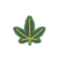 This features embroidered patch shape of green leaf with yellow accents, resembling stylized cannabis leaf. patch is isolated transparency background, highlighting its intricate stitching png