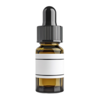 small amber glass dropper bottle with blank white label, featuring black cap and dropper, is isolated on transparency background. bottle is commonly used for essential oils or serums png