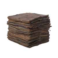 stack of aged, weathered parchment papers with rustic appearance, showcasing rich brown color and textured surface, evokes sense of history and antiquity png