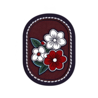 A decorative patch features vibrant floral design with red and white flowers and green leaves, set against textured transparency background. patch is oval shaped with stitched border png