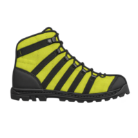 A vibrant yellow hiking boot with black accents and rugged sole, designed for outdoor adventures. boot features high top design for ankle support and durable materials for rough terrains png