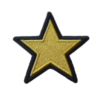 A yellow embroidered star patch with black border, symbolizing achievement or decoration, is displayed on transparent background. texture and stitching details are clearly visible png
