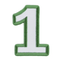 An image shows white embroidered number one with green border, often used as patch for clothing or accessories. design is simple and bold.embroidered number white patch green border number one png