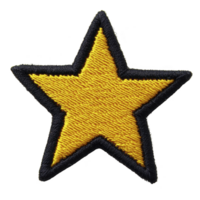 A yellow embroidered star patch with black border, symbolizing achievement or recognition, is depicted. texture and stitching details are clearly visible, adding tactile quality png
