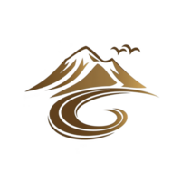 A stylized logo features mountain with birds flying above, and curving path or river below, all in metallic gold color. design conveys sense of adventure and tranquility png
