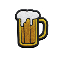 A colorful embroidered patch of frothy beer mug, showcasing vibrant yellow and white threads. design is outlined in black, giving it bold and playful appearance png