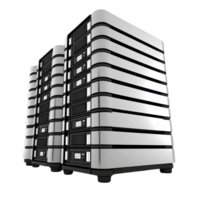 Three sleek, modern server towers with metallic finish are aligned, showcasing advanced technology and data storage capabilities. design is futuristic and efficient png