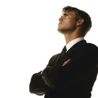 confident man in suit looks upward with arms crossed, symbolizing ambition and determination. professional attire and focused expression convey sense of purpose and aspiration png