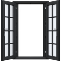 open black framed window with clear glass panes, inviting sense of openness and possibility. symmetrical design and sleek lines create modern aesthetic, perfect for contemporary spaces png