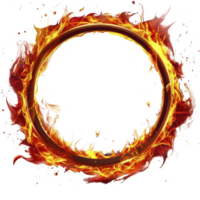 fiery ring of flames forms perfect circle, creating dynamic and intense visual effect. vibrant orange and red hues of fire contrast sharply against transparency background, evoking sense of energy png