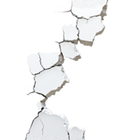 large vertical crack in white wall reveals underlying structure, symbolizing damage and decay. jagged edges and varying sizes of broken pieces create dramatic visual effect png