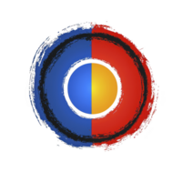 This features circular design with central yellow circle, surrounded by blue and red semi circle, creating dynamic and balanced composition. outer ring has textured, brushstroke effect png