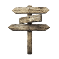 rustic wooden signpost with three blank directional arrows, weathered and textured, stands isolated on transparency background. wood appears aged, adding vintage charm png