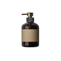 brown glass pump bottle with blank label stands against transparency background, ideal for branding or product design. bottle sleek design and neutral color make it versatile for various uses png