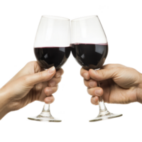 Two hands clinking wine glasses filled with red wine, symbolizing celebration and joy. image captures moment of toasting, highlighting elegance and richness of wine png