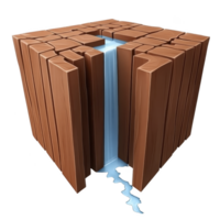 cube made of wooden planks with waterfall flowing through its center, creating surreal and imaginative scene. water cascades down, adding dynamic element to geometric structure png