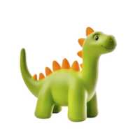 cute green dinosaur toy with orange spikes stands cheerfully, showcasing friendly expression. toy smooth texture and vibrant colors make it appealing for children png