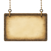vintage wooden signboard hangs from chains, featuring blank, textured surface ideal for customization. rustic design evokes sense of nostalgia and charm png