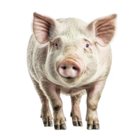 cute pig stands facing forward, showcasing its pink snout and floppy ears. pig expression is curious and friendly, with clean, smooth coat. background is plain, highlighting pig features png