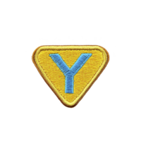 yellow triangular embroidered patch with blue letter Y in center, outlined in brown, on transparency background. patch has textured fabric appearance png