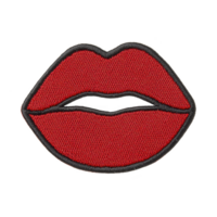 A red embroidered patch in shape of lips with black outline, symbolizing playful and bold expression. design is simple yet striking, ideal for fashion embellishments png