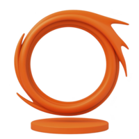 abstract orange sculpture with circular design and dynamic, flowing elements stands on round base, evoking sense of movement and energy png