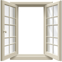 open white window with multiple glass panes and handle, inviting fresh air and light into room. classic design adds elegance and charm to any space png