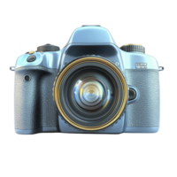 sleek blue digital camera with large lens and textured grip, designed for professional photography. camera features multiple control buttons and viewfinder, ideal for capturing high quality images png