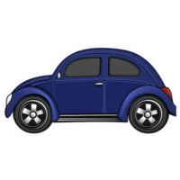 A blue cartoon car with classic, rounded design and shiny wheels is depicted in side view. car has playful and nostalgic appearance, reminiscent of vintage models png