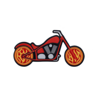 A This features stylized motorcycle patch design with vibrant red and orange flames wheels, set against transparency background. patch has bold and dynamic appearance, ideal for adding flair to png