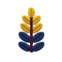 A This features colorful embroidered leaf design with yellow and blue leaves transparency background. central stem is red, creating vibrant contrast.Colorful embroidered leaf design with yellow png