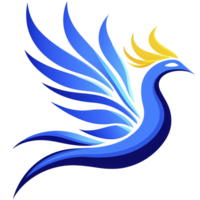 A This features stylized blue and yellow phoenix with elegant, flowing wings and graceful posture, symbolizing rebirth and transformation. vibrant colors and dynamic design convey sense of energy png