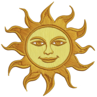 stylized sun with smiling face and wavy rays, embroidered in golden yellow, evokes warmth and positivity. intricate stitching adds texture and depth to design png