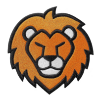 This features embroidered patch of lion head with bold orange mane and black outline, showcasing strong and majestic expression png