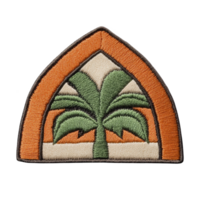 This features embroidered patch with palm tree design set within arch shape. patch has vibrant colors, including green for palm tree and orange for arch, creating tropical and decorative png