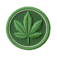 This features green embroidered patch with cannabis leaf design, symbolizing marijuana culture. patch is circular with textured background and border.cannabis leaf patch with green embroidery png