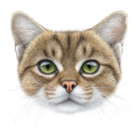 A detailed illustration of cat face with striking green eyes and realistic fur texture, showcasing intricate details and lifelike expression. cat gaze is captivating and serene png