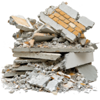 pile of broken concrete and bricks forms chaotic heap, showcasing aftermath of demolition. debris includes shattered bricks and crumbled cement, evoking sense of destruction png