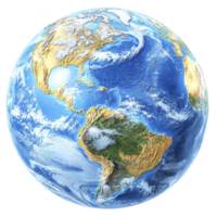 This shows detailed and vibrant view of Earth from space, highlighting continents of North and South America surrounded by vast blue oceans. sunlight reflects off surface, creating bright png