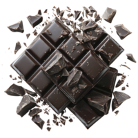 bar of dark chocolate is broken into pieces, with chunks scattered around, showcasing its rich texture and deep color. image captures indulgent and tempting nature of chocolate png