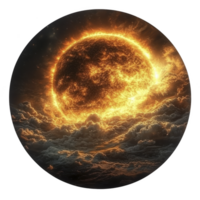 fiery sun emerges dramatically from behind swirling clouds, casting warm, intense glow across sky. scene evokes sense of awe and power, highlighting sun majestic presence png