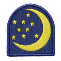 A blue embroidered patch features yellow crescent moon and nine stars, creating celestial design. patch has rounded top and border, adding classic touch png