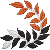 An embroidered design features curved branch with leaves in shades of orange, white, and black, creating striking contrast. intricate stitching adds texture and depth to pattern png