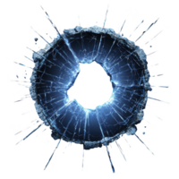 dinâmico imagem do quebrado vidro efeito com circular padrão, apresentando afiado, irradiando rachaduras e brilhando azul matiz, criando sentido do impacto e energia png
