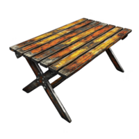 rustic wooden table with colorful, weathered finish features vibrant mix of orange, yellow, and brown tones, creating warm and inviting appearance. table has sturdy, foldable design png