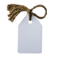 blank white paper tag with textured surface is attached to rustic brown twine, creating simple and natural look. tag is ready for customization, perfect for gifts or labeling png