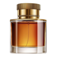 luxurious glass perfume bottle with golden cap, filled with amber colored liquid, exudes elegance and sophistication. transparent design highlights rich hue of fragrance png