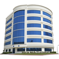modern, five story office building with sleek, curved design features large blue tinted windows and white facade. structure is surrounded by neatly trimmed shrubs, creating professional appearance png